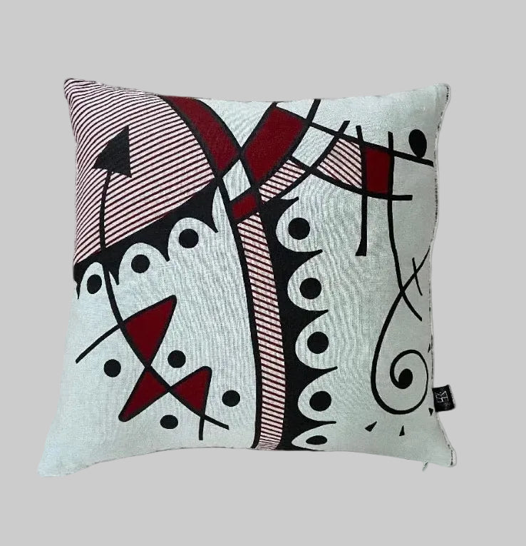 Jazz cushion cover in deep red on chalk blue