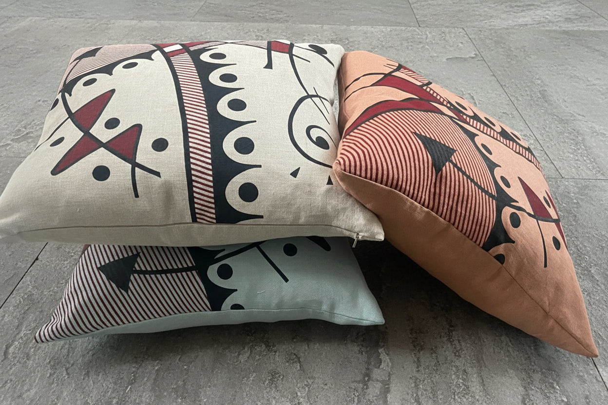 Jazz cushion cover in deep red on chalk blue